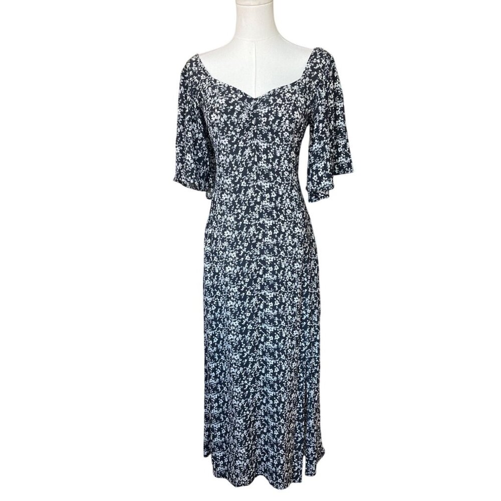 A New Day Milkmaid Peasant Smocked Midi Dress XS Dark Floral Fairy‎ Feminine